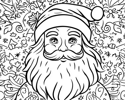 Színező a Mikulás portréjával, dús szakállal és sapkával, díszítésekkel teli háttéren