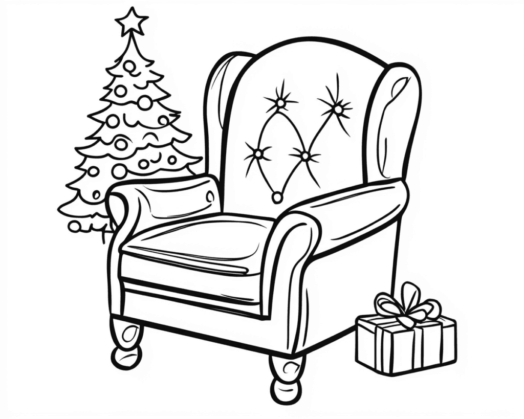 Színező egy csillagokkal díszített füles fotellel, karácsonyfával és masnis ajándékkal