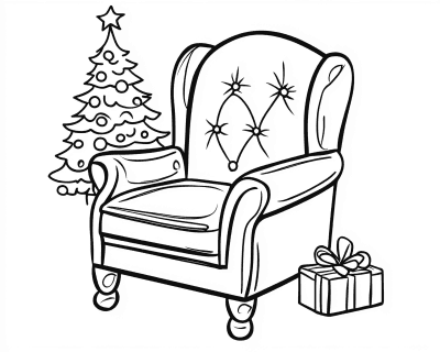Színező egy csillagokkal díszített füles fotellel, karácsonyfával és masnis ajándékkal