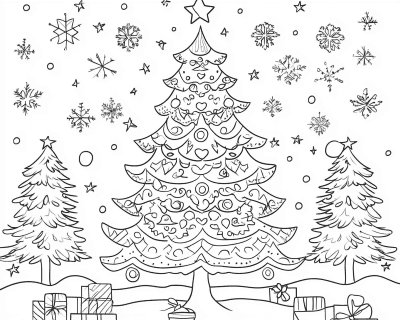 Színező egy szívecskékkel és spirálokkal díszített nagy karácsonyfával, két fenyő és ajándékok között