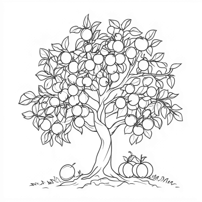 Színező egy sok termésű gyümölcsfával és három lehullott gyümölccsel a fűben
