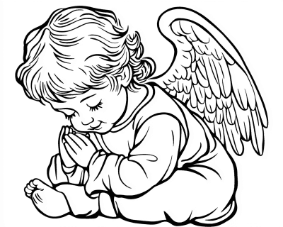 Színező egy ülő angyalkával, aki összekulcsolt kézzel és lehunyt szemmel imádkozik