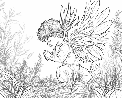 Színező egy nagy szárnyú, göndör angyalkával, aki magas növények között térdel