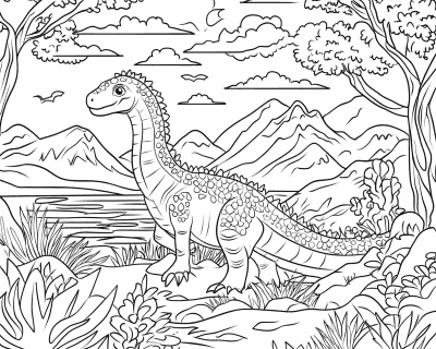 Színező egy hosszú nyakú dinoszaurusszal a tó partján, mögötte hegyekkel és felhőkkel