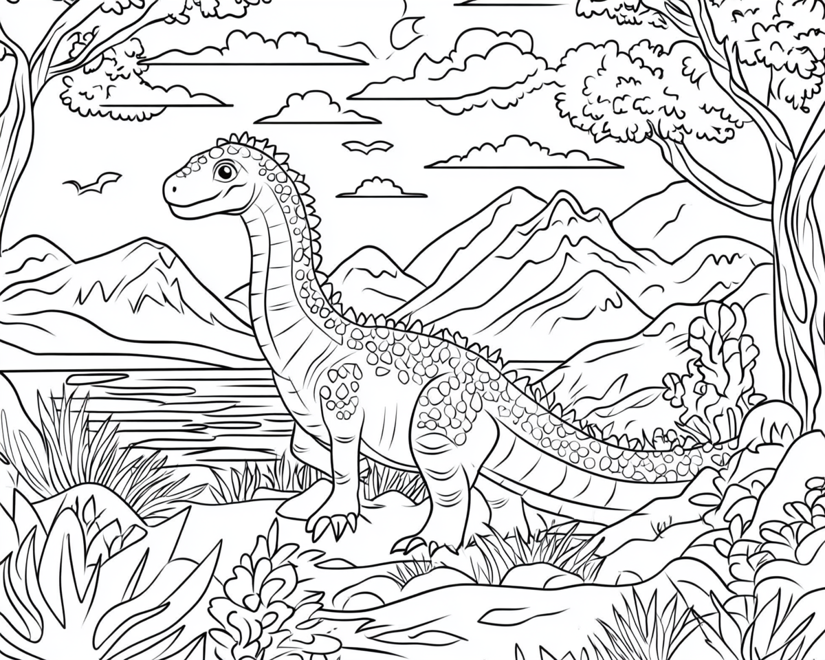 Hosszú nyakú dinoszaurusz egy hegyi tónál