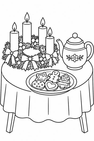 Színező egy asztallal, adventi koszorúval, süteményes tányérral és teáskannával