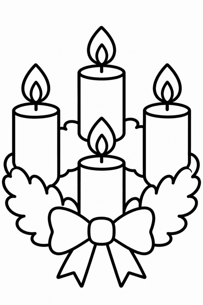 Színező egy adventi koszorúval, rajta négy gyertyával és masnival