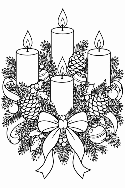 Színező egy adventi koszorúval, négy gyertyával, fenyőágakkal, tobozokkal és szalagokkal
