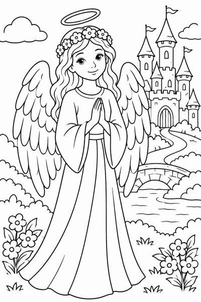 Színező egy szárnyas angyallal, aki egy mesebeli kastély előtt áll