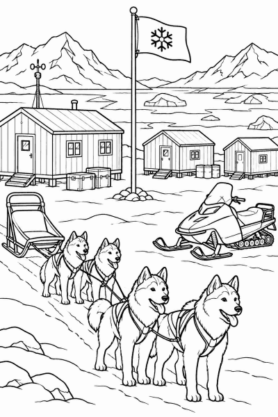Színező egy sarkvidéki állomással, huskykkal, motoros szánnal és zászlórúddal