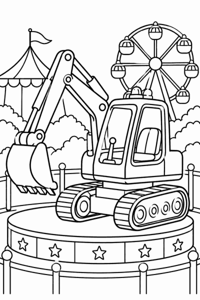Színező egy markolóval a vidámparkban, óriáskerékkel és bódékkal