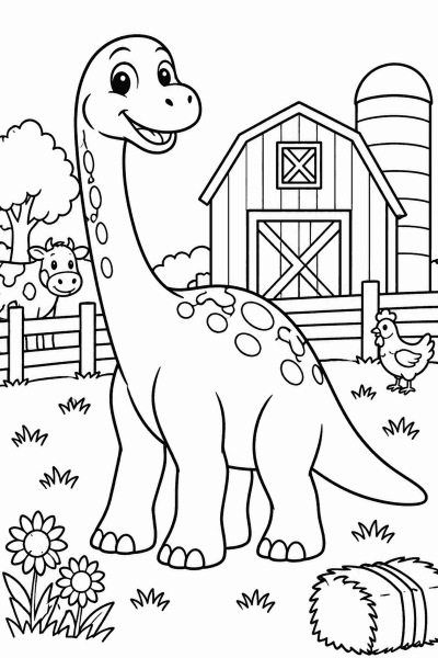 Színező egy dinoszaurusszal a farmon, istálló mellett, tehénnel és tyúkkal