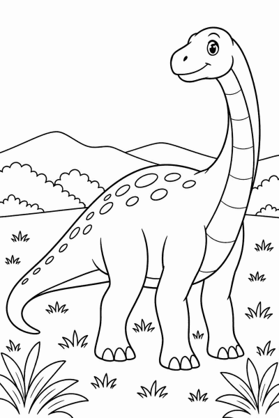 Színező egy aranyos dinoszaurusszal, aki a mezőn áll