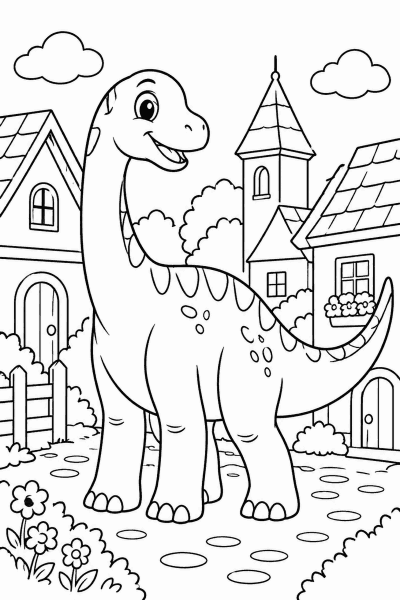 Színező egy dinoszaurusszal, amely a házak és virágok mellett sétál a faluban