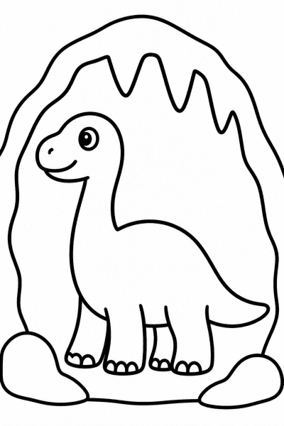 Színező egy aranyos dinoszaurusszal, aki egy barlangot fedez fel