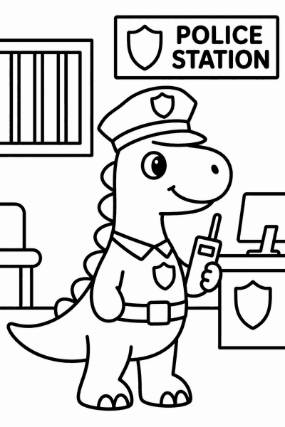 Színező egy rendőregyenruhás dinoszaurusszal a rendőrőrsön