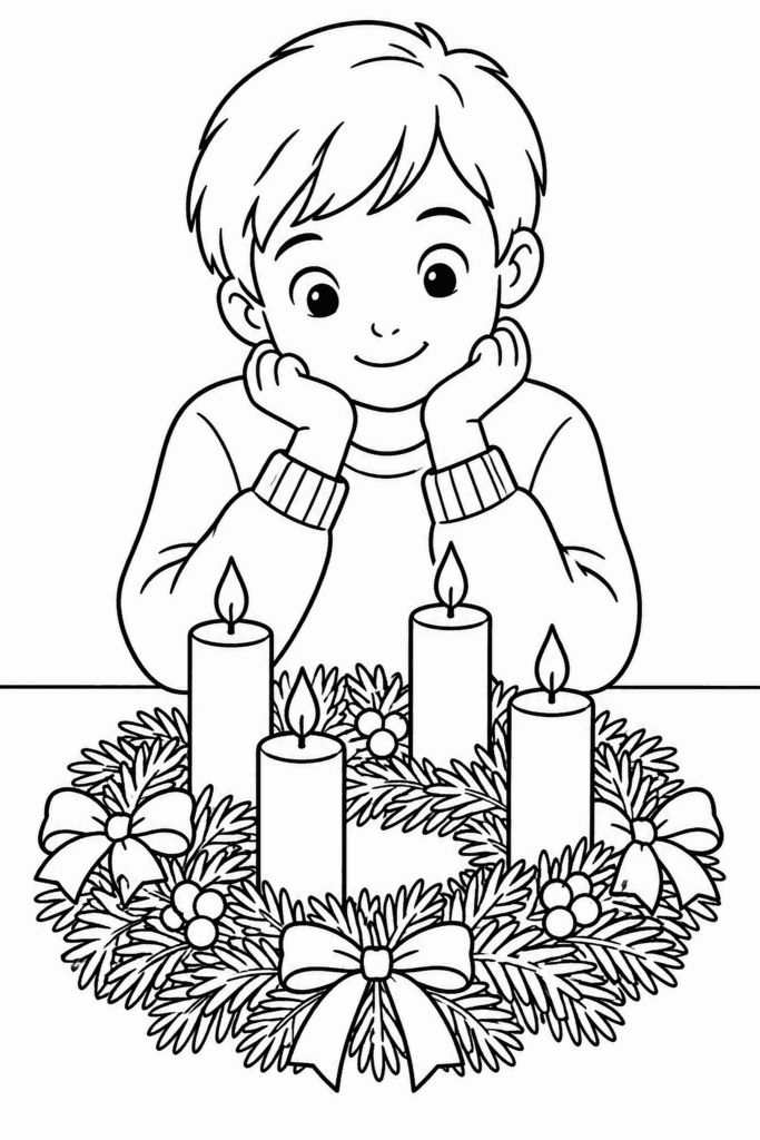 Színező egy gyerekkel, aki ámulva nézi a gyertyás adventi koszorút