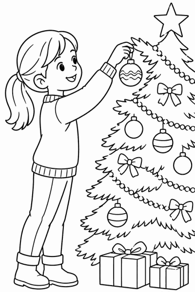 Színező egy gyerekkel, aki díszt akaszt a karácsonyfára, alatta ajándékokkal
