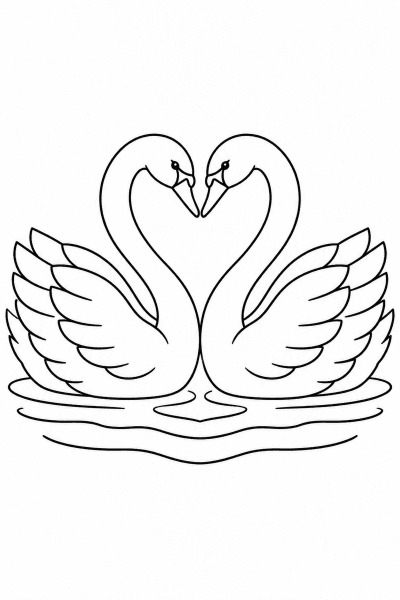 Színező két hattyúval a tavon, akik nyakukkal szívet formálnak