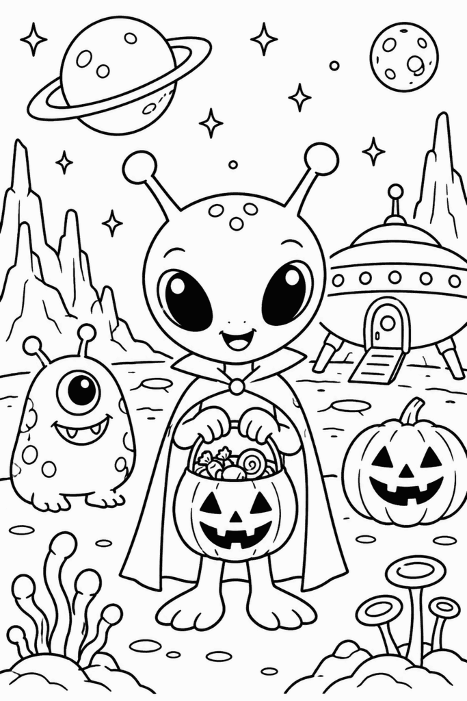 Színező egy jelmezes kis földönkívülivel, tökkel egy UFO-s bolygón