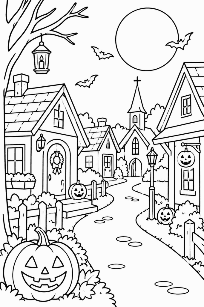 Színező egy faluval, faragott tökökkel és denevérekkel a halloweeni éjszakában