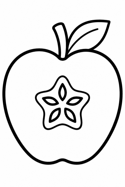 Színező egy félbevágott almával, a magjai csillag alakban állnak