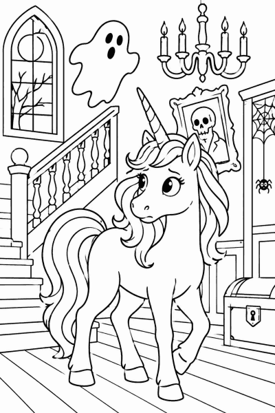 Színező egy egyszarvúval a kísértetházban, szellemmel és gyertyatartóval