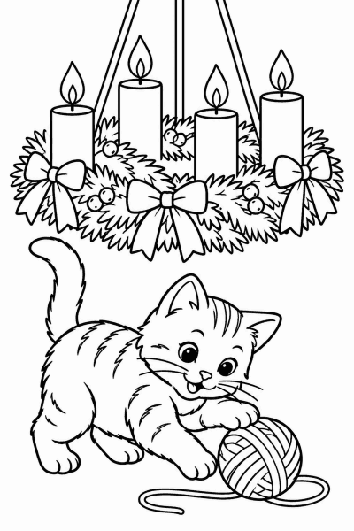 Színező egy macskával, aki gombolyaggal játszik a gyertyás adventi koszorú alatt