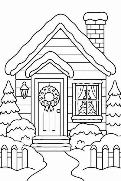 Színező egy havas házikóval, ajtaján koszorúval, ablakában karácsonyfával