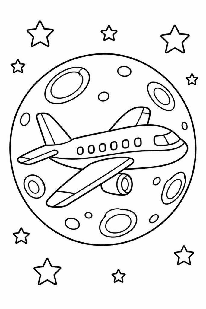 Színező egy repülőgéppel, amely a csillagokkal körülvett Hold mellett repül