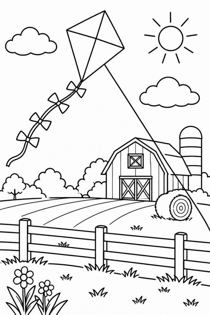 Színező egy papírsárkánnyal a farm fölött, pajtával, mezőkkel és nappal
