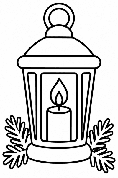 Színező egy lámpással, benne égő gyertyával, körülötte fenyőágakkal