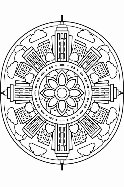Mandala színező városi épületekből, felhőkből és virágokból, középen virággal