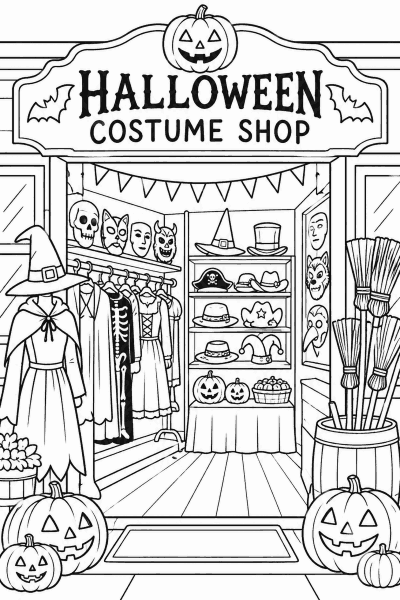 Színező egy jelmezbolttal, halloweeni jelmezekkel, maszkokkal, kalapokkal, seprűkkel és tökökkel