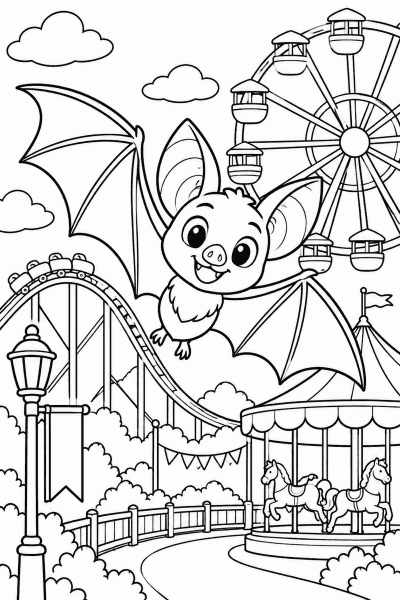 Színező egy denevérrel a vidámpark felett, óriáskerékkel, hullámvasúttal és körhintával