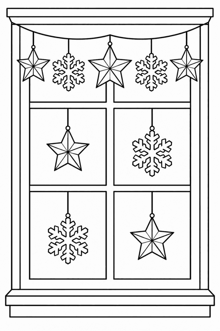 Színező egy papírcsillagokkal és hópelyhekkel díszített ablakkal