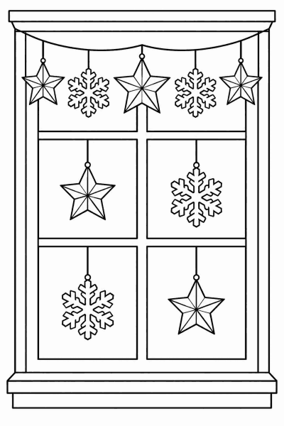 Színező egy papírcsillagokkal és hópelyhekkel díszített ablakkal