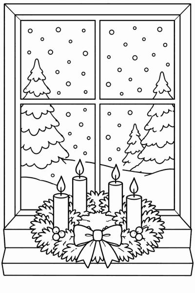 Színező egy négygyertyás adventi koszorúval az ablakpárkányon, odakint hóeséssel