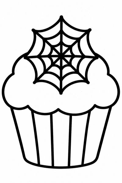 Színező egy muffinnal, a tetején pókháló alakú díszítéssel