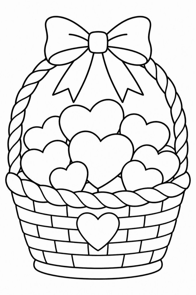 Színező egy szívecskékkel teli kosárral, amelyet masni díszít