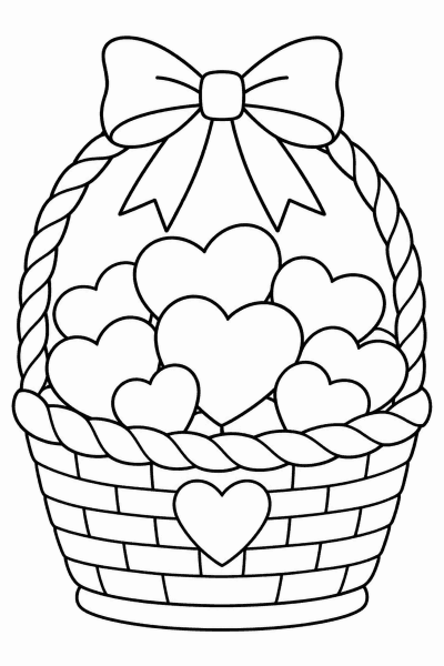 Színező egy szívecskékkel teli kosárral, amelyet masni díszít