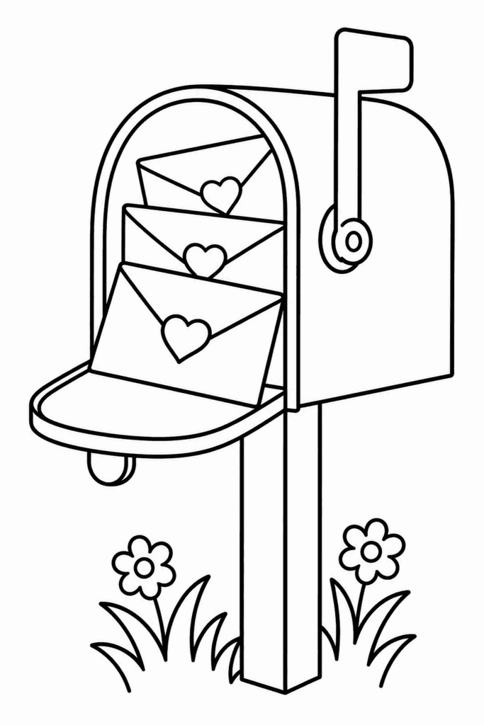 Színező egy postaládával, szívvel lezárt borítékokkal és virágokkal