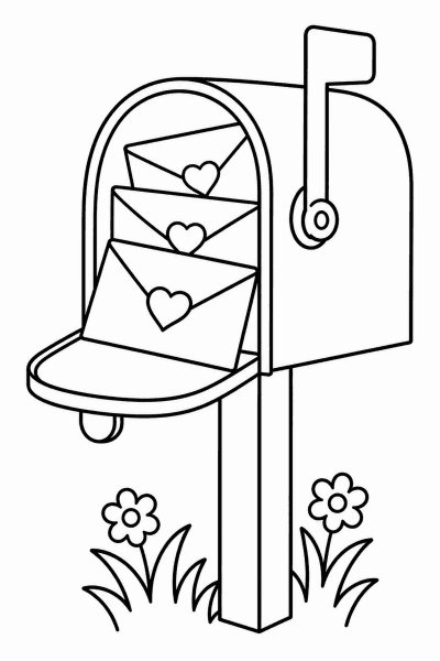 Színező egy postaládával, szívvel lezárt borítékokkal és virágokkal