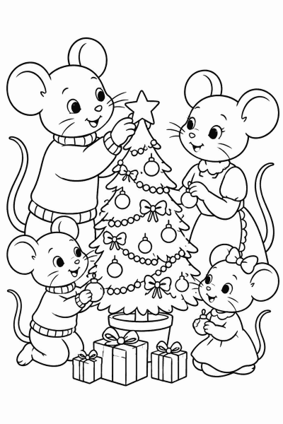 Színező egy egércsaláddal, amely a karácsonyfát díszíti, alatta ajándékokkal