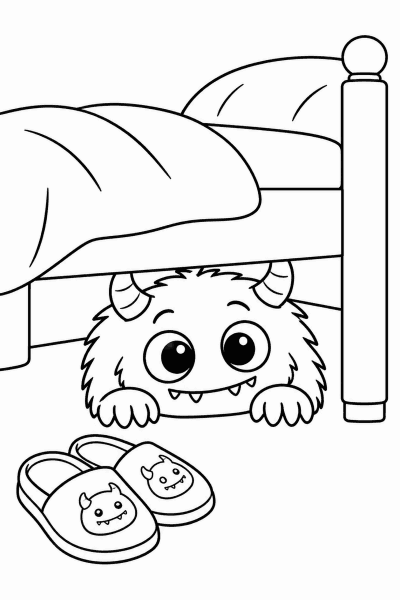 Színező egy aranyos szörnyecskével, amely az ágy alól kukucskál ki a papucs mellett
