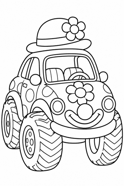Színező egy nagy kerekű bohócautóval, a motorháztetőn virággal