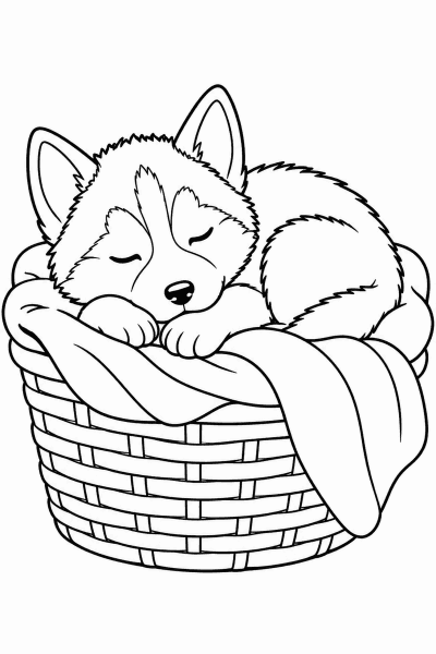 Színező egy husky kölyökkel, amely takaróval a kosárban alszik