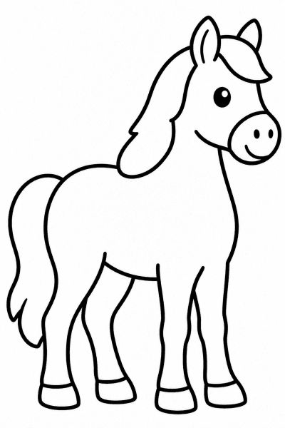 Színező egy aranyos lovacskával, egyszerű vonalakkal megrajzolva