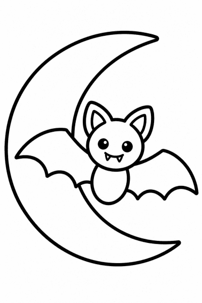 Színező egy aranyos denevérrel, amely egy holdsarlón ül