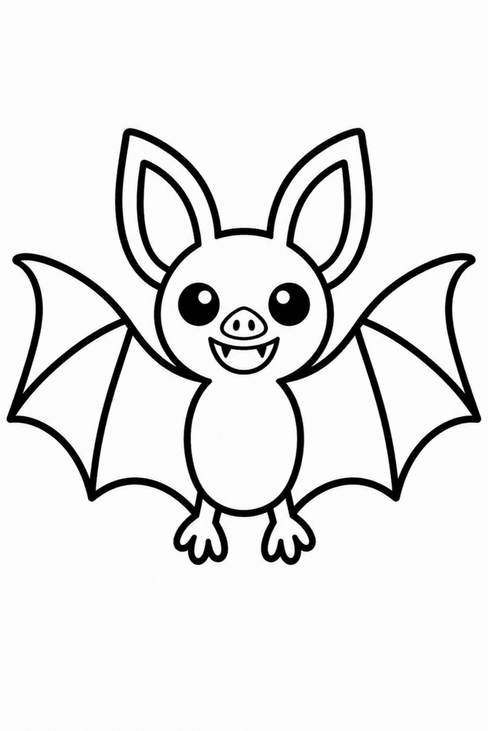 Színező egy aranyos denevérrel szemből, kitárt szárnyakkal és nagy fülekkel